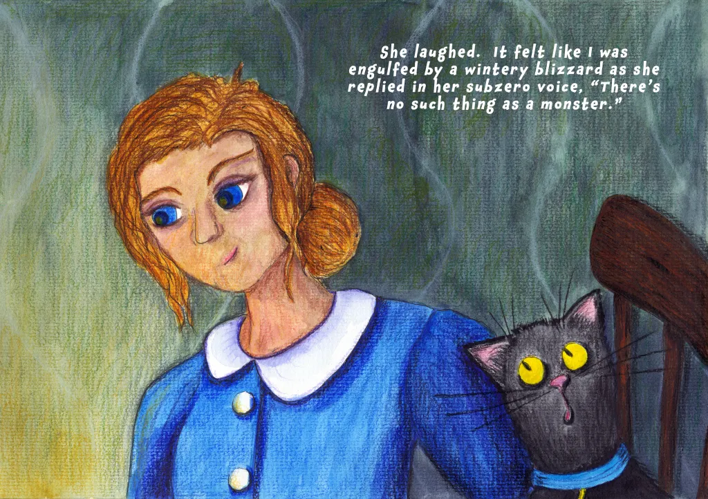 Interior illustration: the mother speaking to the boy while the black cat looks on, confused