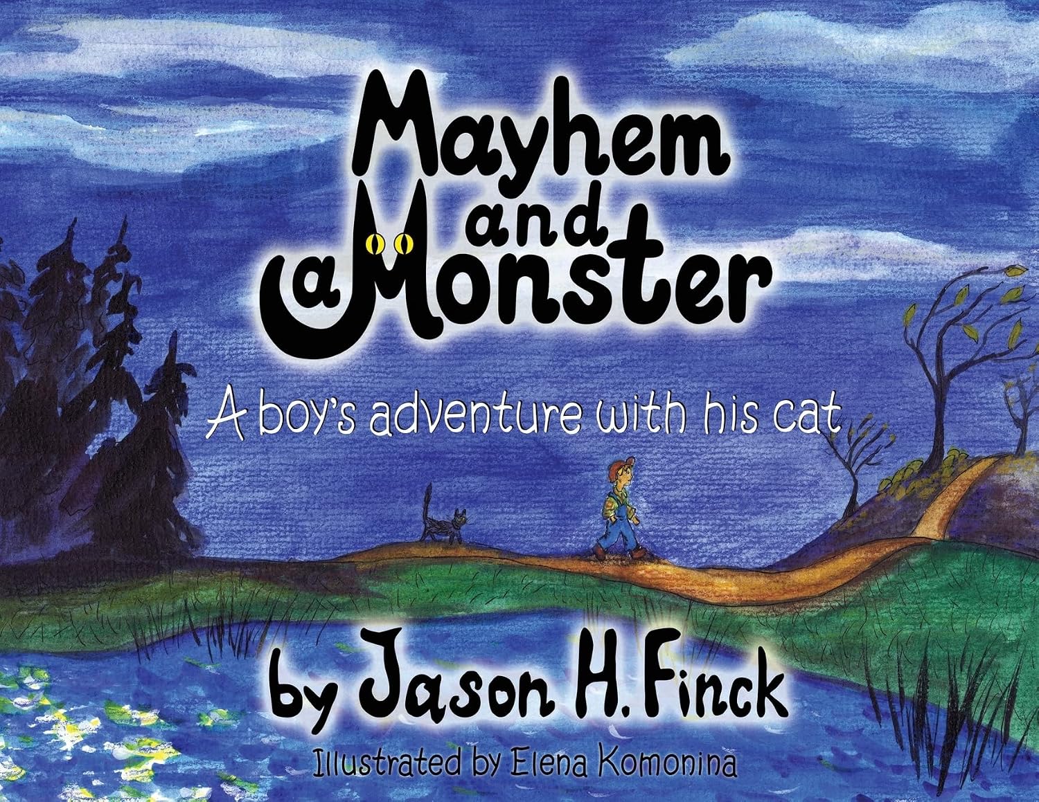 Mayhem and a Monster book cover: a boy and his black cat on a moonlit path by a pond