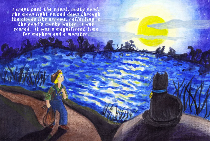 Moonlit pond scene: the boy and his black cat cast shadows along the water